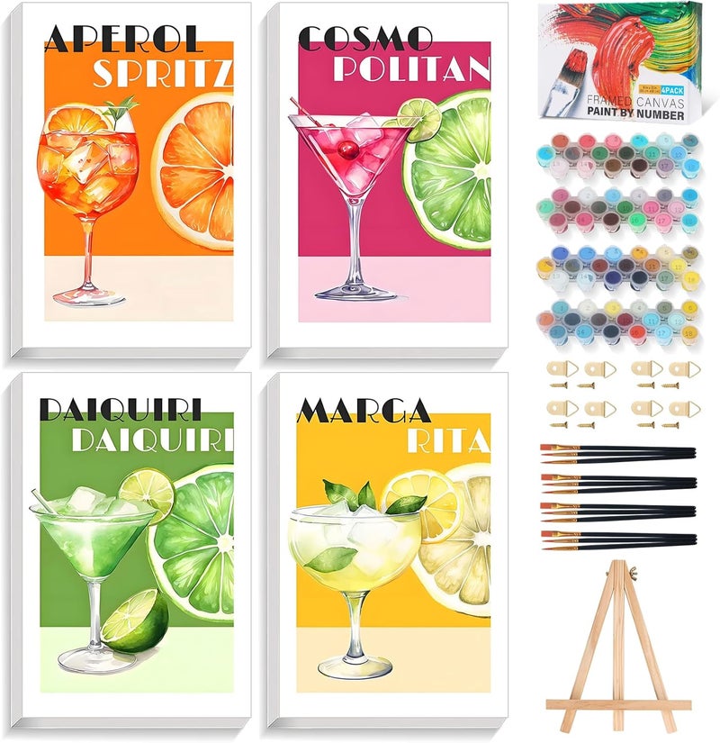 Okarina 4 Pack Paint by Numbers Kit for Adults with Frame Cocktail, Framed Paint by Number for Adults Beginner with Wooden Easel, Cocktail DIY Painting by Numbers Canvas Framed for Home Decor 8 x 12 Inch - Image 1
